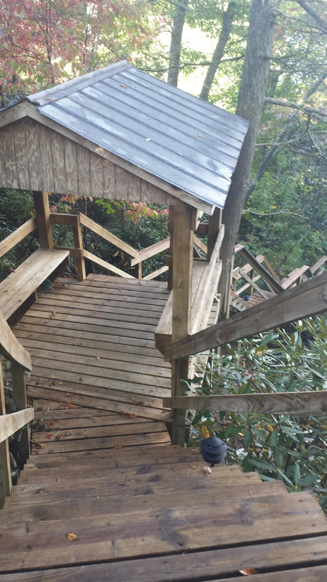 Metal roofed shelter over wooden steps on a wooded walkway — Skylight Repair & Installation work by our crew in Berkey